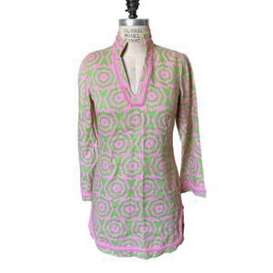 STS Sail to Sable 100% Linen Pink & Green Print Mini Dress Cover-Up Size XXS